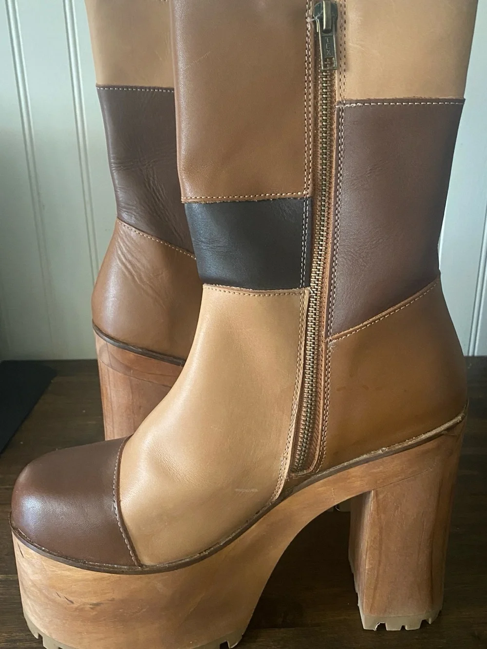 Steve Madden Two-Tone Brown Leather Platform Mid-Calf Boots